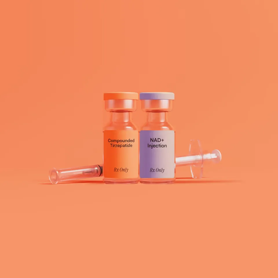 Two medical vials labeled Compounded Tirzepatide and NAD+ Injection with a syringe on orange background.